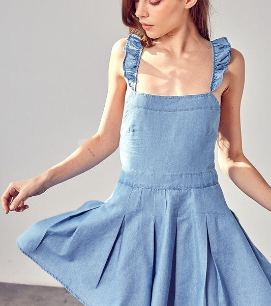 Chic Chambray A-Line Dress with Stylish Open Back