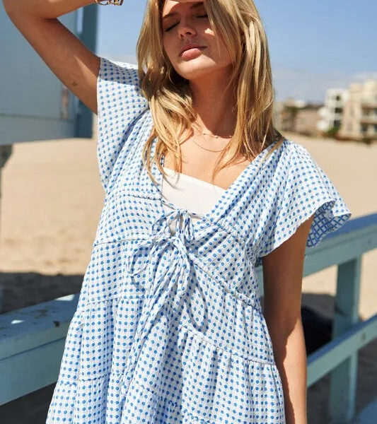 Jacquard V-Neck Flutter Cap Sleeve Tiered Dress