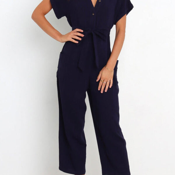 Chic Women's V-Neck Button-Down Jumpsuit with Stylish Belt