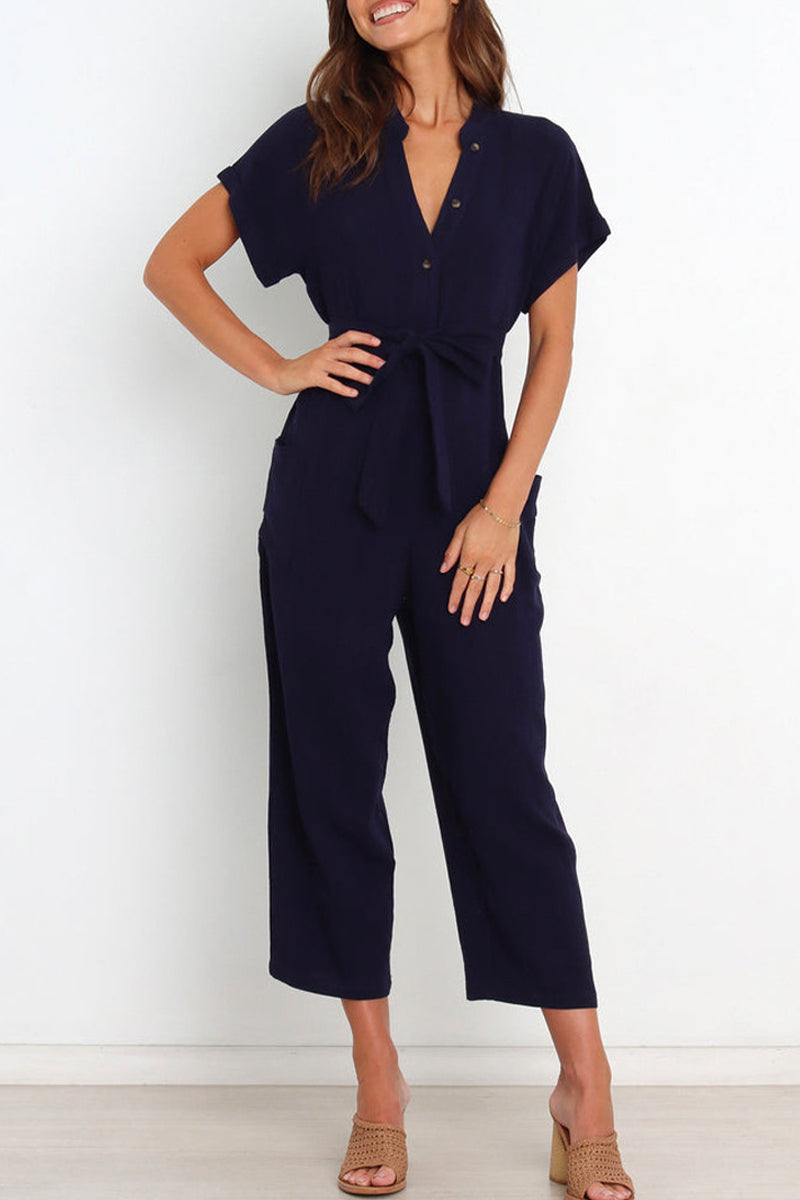 1679911480850191 Chic Women's V-Neck Button-Down Jumpsuit with Stylish Belt - onlinemegasale.com