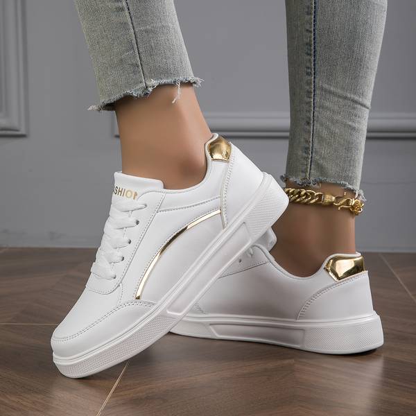 Chic White Leather Sneakers for Women with Stylish Gold and Silver Accents