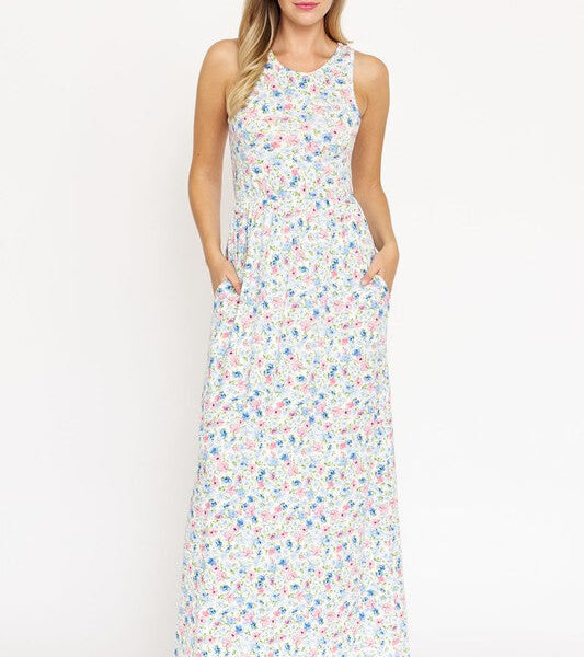 Charming Pastel Floral Sleeveless Maxi Dress