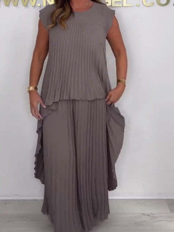 Set of pleated short-sleeved irregular midi top and wide-leg trousers with elasticated waist - onlinemegasale.com