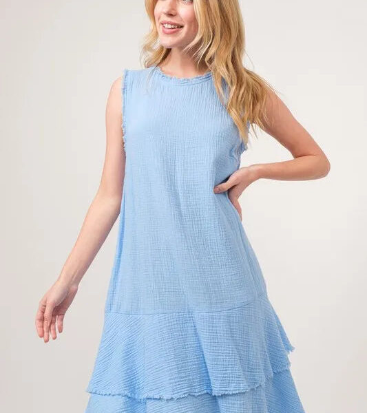 Washed Fringe Detail Tiered Dress