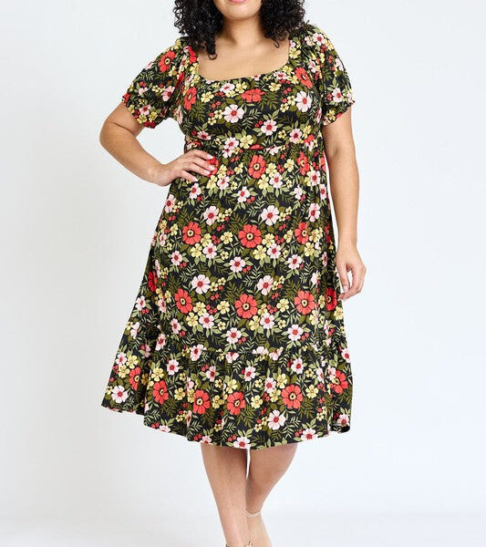 Charming Plus Floral Square Neck Puff Sleeve Boho Dress | Proudly Made in the USA