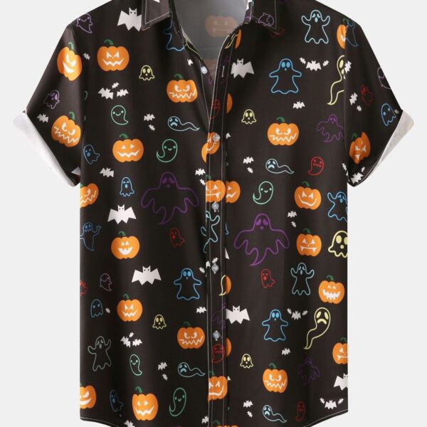 Halloween Ghost Pumpkin Print Button Up Shirt