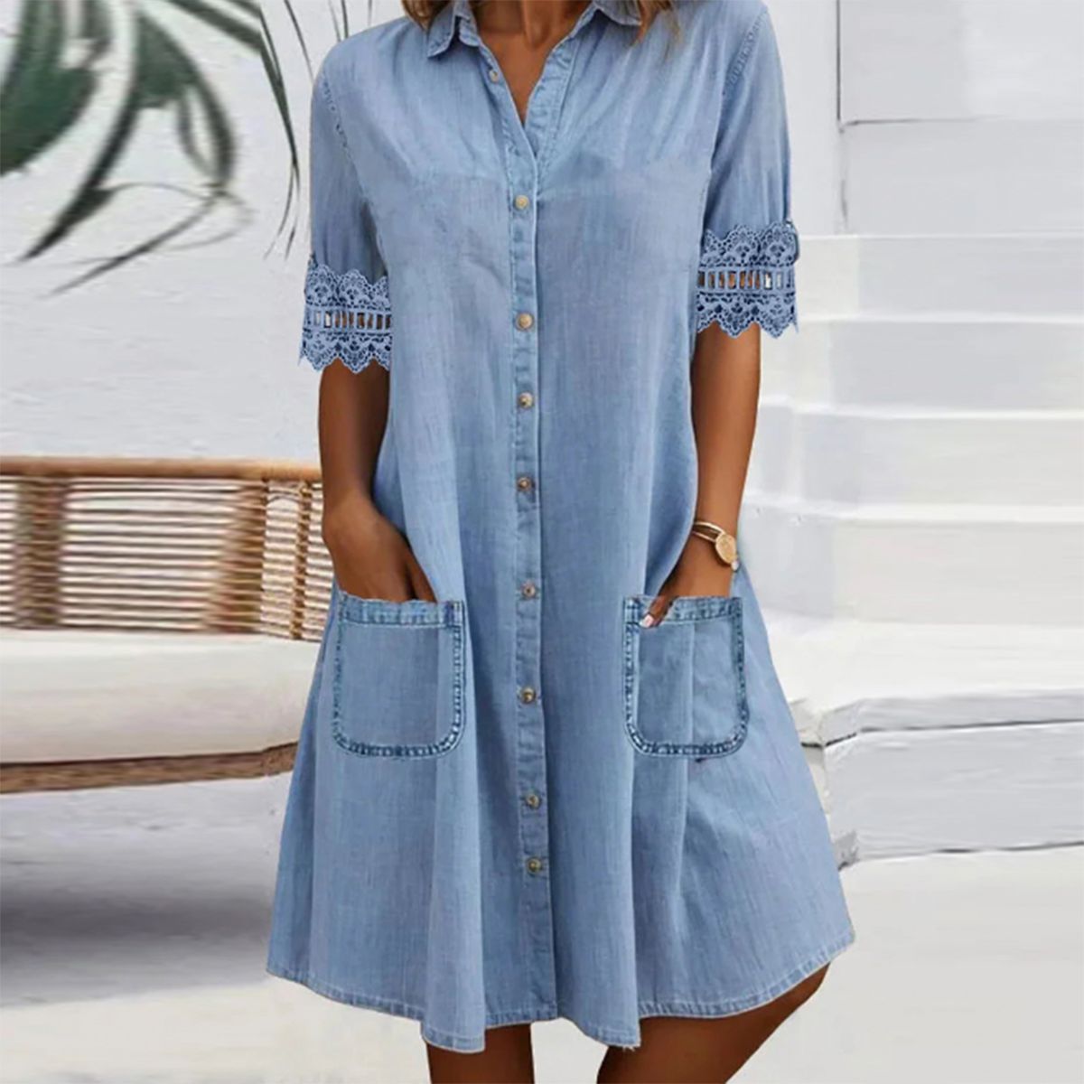 🎁Limited time 50% OFF⏳Blue Plain Collared Lace Trim Denim MIni Dress - onlinemegasale.com