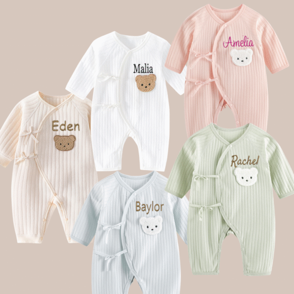 Personalized Embroidered Pure Cotton Newborn Bear Jumpsuit – Perfect Keepsake Gift
