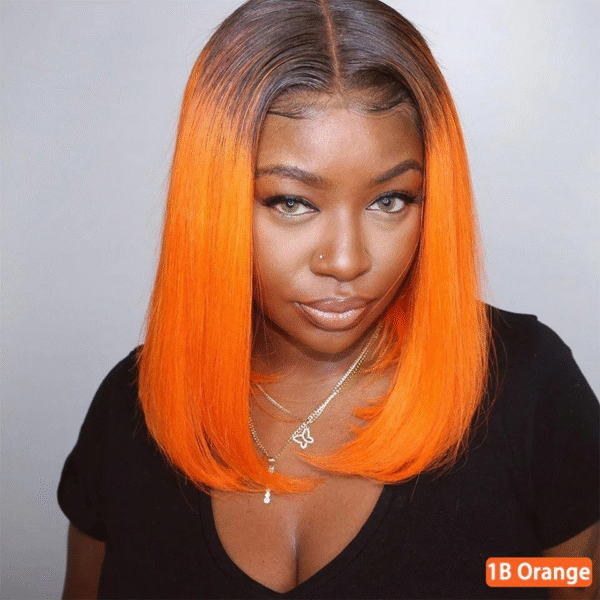 Cranberry Straight 1B/Orange Short Bob 13x4 Lace Front Wig For Black Women Pre Plucked
