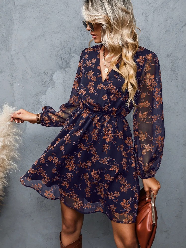 Dress V-neck elegant chiffon printed floral spring see-through skirt - onlinemegasale.com