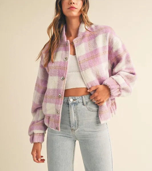 Plaid Print Fuzzy Bomber Jacket