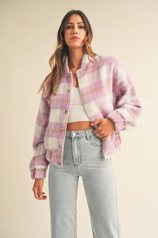 1e7c9d881a0e41388d4cd0975a7bcaf8-Max-Origin Plaid Print Fuzzy Bomber Jacket - onlinemegasale.com