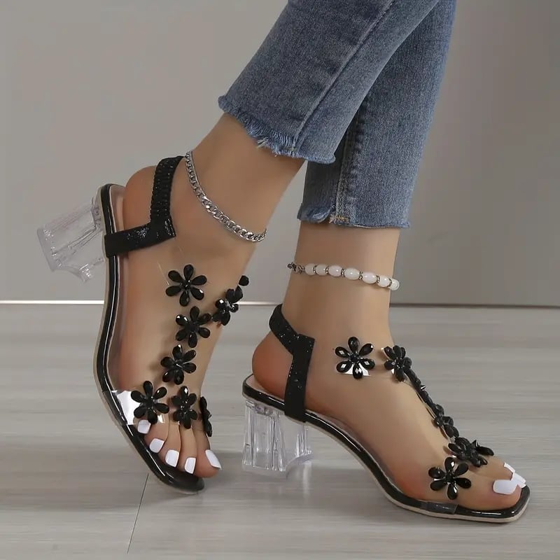 🔥Last Day Promotion 50% OFF - Women's Flower Rhinestone Block Heel Sandals - onlinemegasale.com
