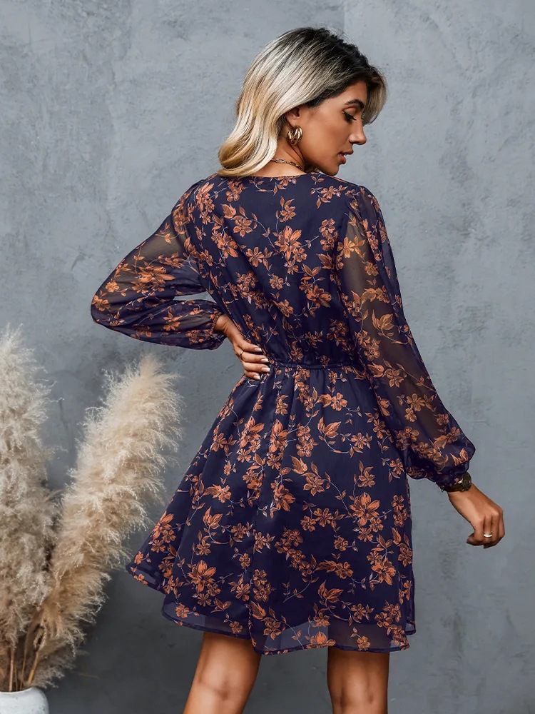 Dress V-neck elegant chiffon printed floral spring see-through skirt - onlinemegasale.com