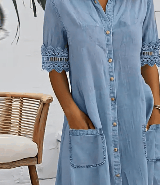 🎁Limited time 50% OFF⏳Blue Plain Collared Lace Trim Denim MIni Dress - onlinemegasale.com