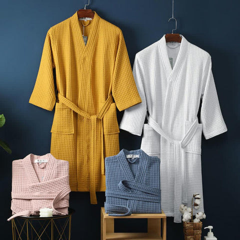 Waffle V-neck Bathrobe - onlinemegasale.com