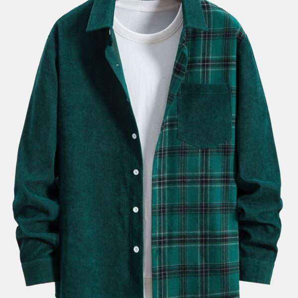Long Sleeve Plaid Corduroy Patchwork Shirt