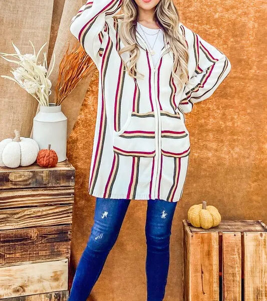 Rainbow Stripe Zipper Up Cardigan with Hood