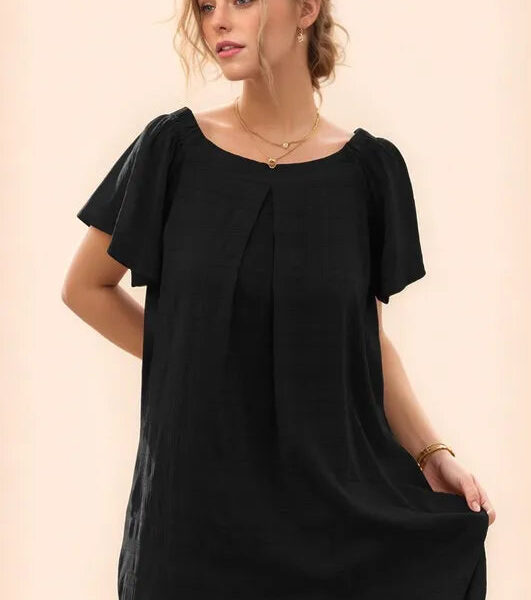 Textured Ruffle Boat Neck Shift Dress