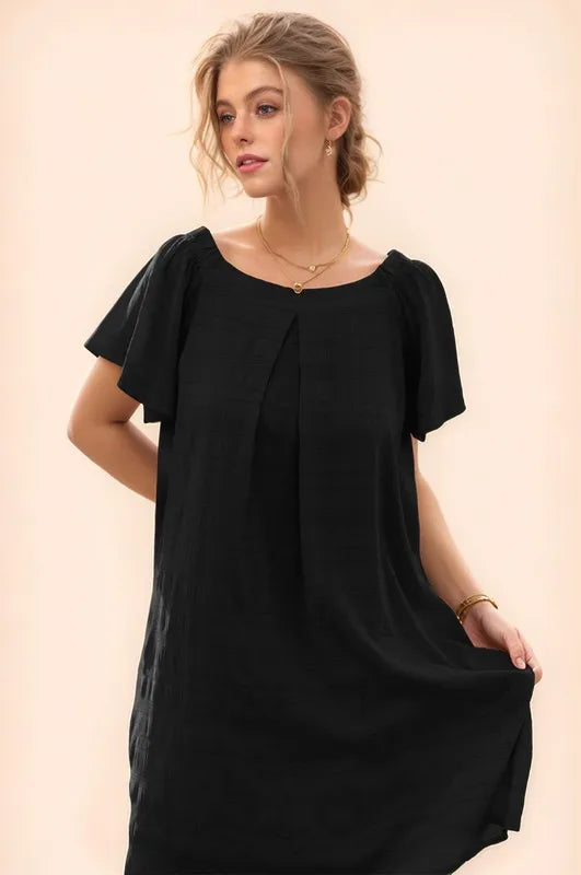 2a505cfe7c4b4d809583c3ebc731a7bf-Max-Origin Textured Ruffle Boat Neck Shift Dress - onlinemegasale.com