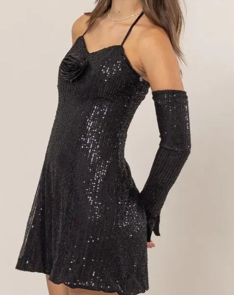 HYFVE Sequin Rosette Halter Mini Dress