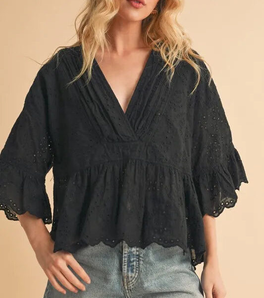 Flounce Sleeve Eyelet Peplum Top