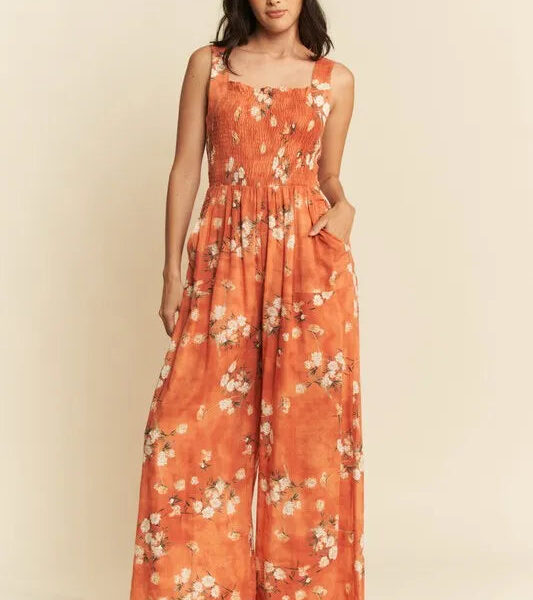 Davi & Dani Floral Ruffle Square Neck Smocking Bodice Jumpsuit