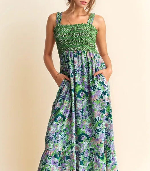 Multi Smocked Bodice Geo Ruffle Strappy Midi Dress