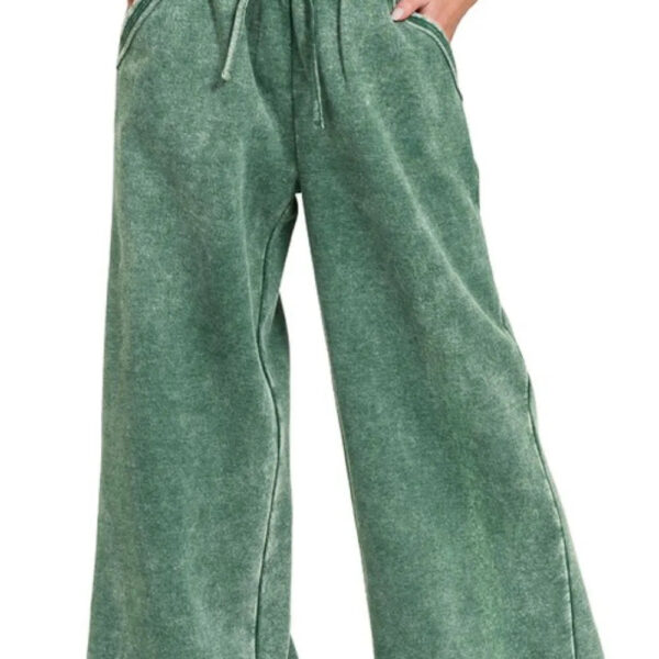 Acid Wash Fleece Palazzo Sweatpants with Pockets