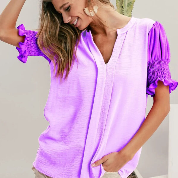 Air Flow Color Block Puff Sleeves V Neck Top