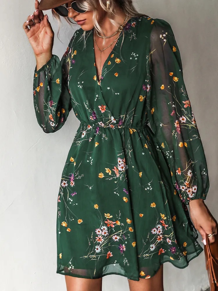 Dress V-neck elegant chiffon printed floral spring see-through skirt - onlinemegasale.com