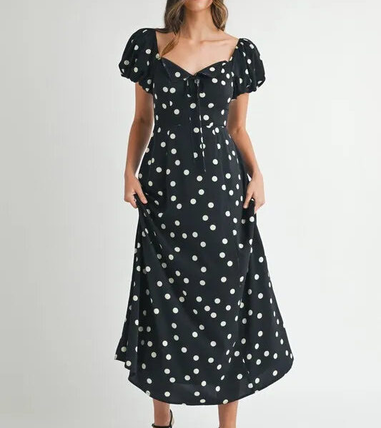 Polka Dot Puff Sleeve Midi Dress