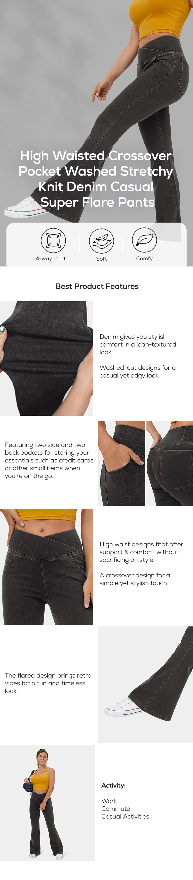 Stretchy Knit Denim Casual Super Flare Pants - onlinemegasale.com