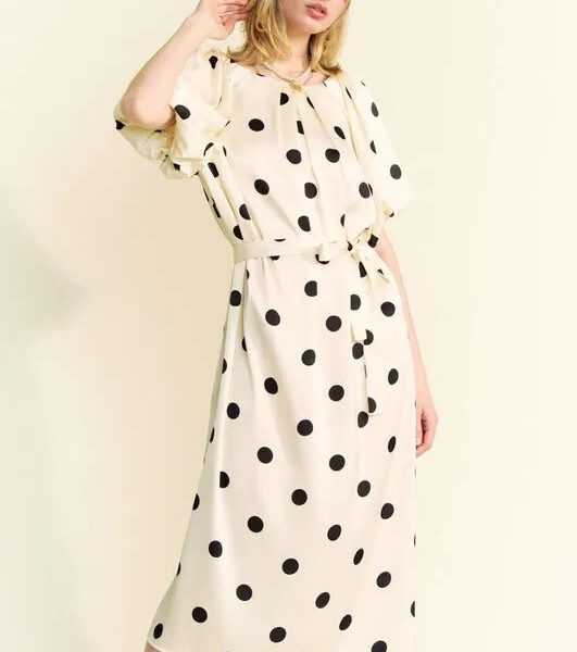 Polka Dot Puff Sleeves Waist Tie Midi Dress