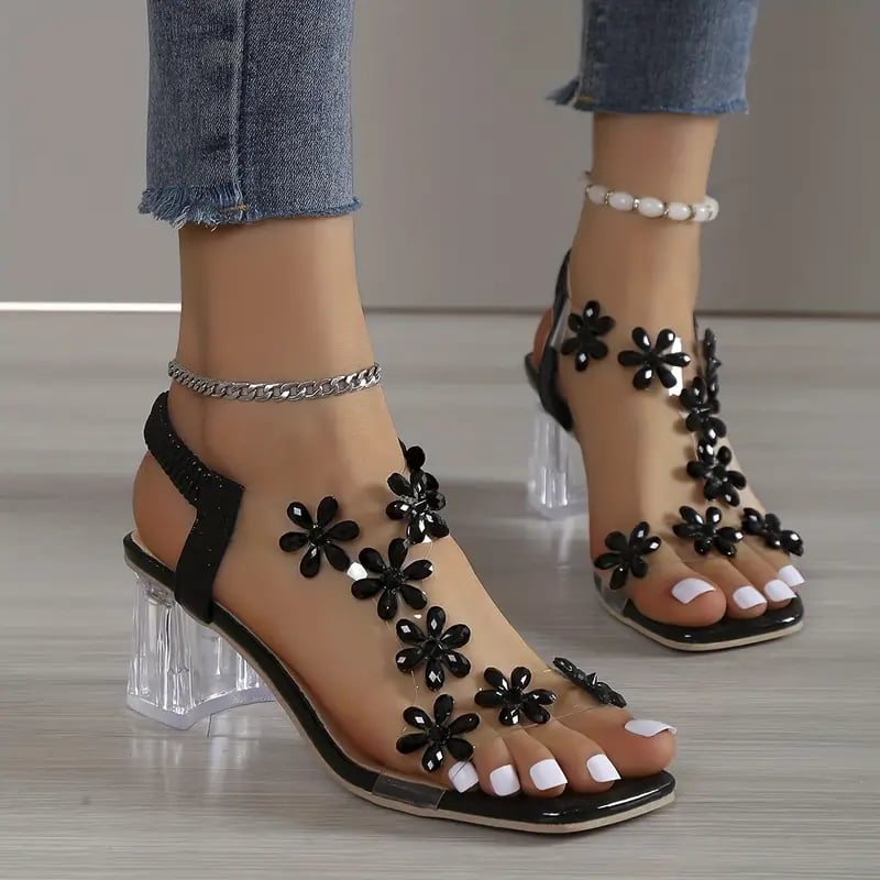 🔥Last Day Promotion 50% OFF - Women's Flower Rhinestone Block Heel Sandals - onlinemegasale.com