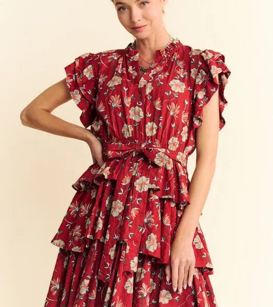 Ruffle Flutter Sleeve Tie Belt Tiered Mini Dress