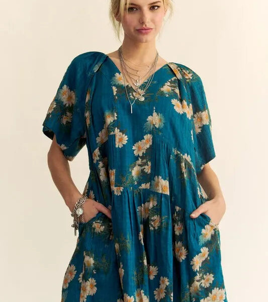 Floral Print Short Bell Sleeve Pleated Mini Dress