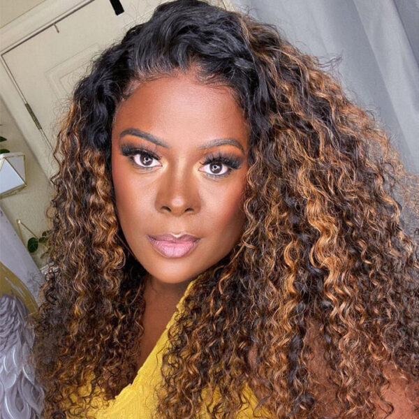 Blonde Balayage Curly Hair Dark Roots 13x4 Highlight Lace Front Wigs 180% Density Colored Wigs