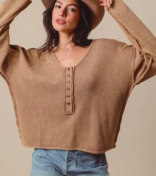 Frayed Cut Mineral Washed Deep V Neck Waffle Top