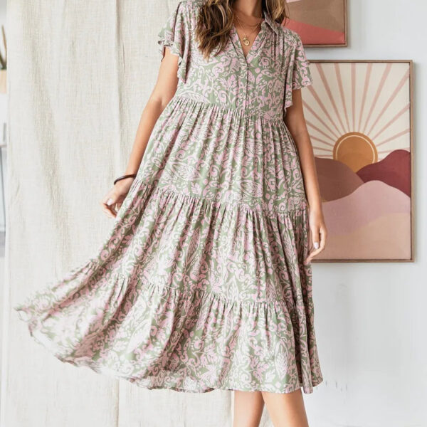 Abstract Print Ruffle Tier Midi Dress