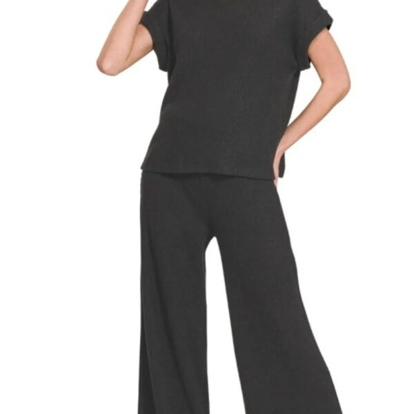 Rolled Sleeve Top and Pants Sweater Set