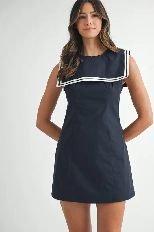 54115ce2933b45a9bb225d97b8955fb6-Max-Origin Contrast Piping Square Sailor Collar Mini Dress - onlinemegasale.com