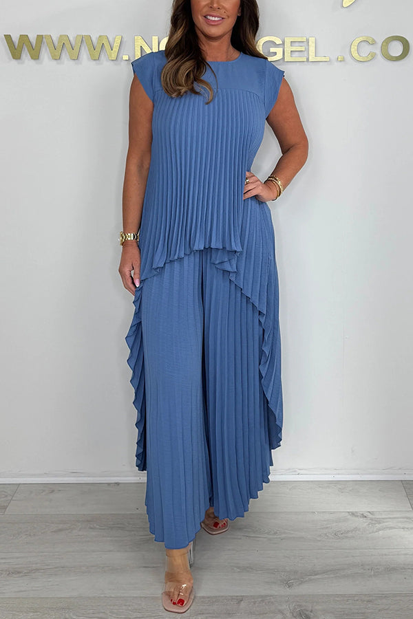 Set of pleated short-sleeved irregular midi top and wide-leg trousers with elasticated waist - onlinemegasale.com