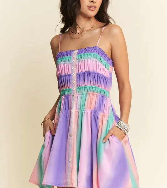 Multi Color Ombre Printed Bodice Button Up Dress