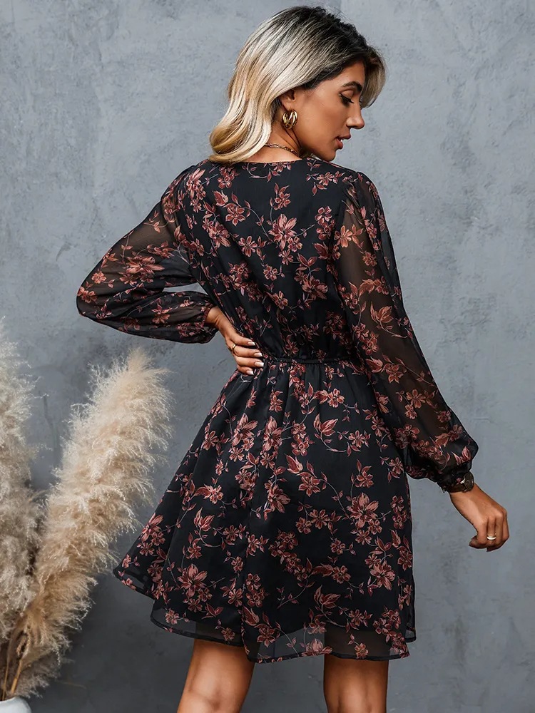Dress V-neck elegant chiffon printed floral spring see-through skirt - onlinemegasale.com