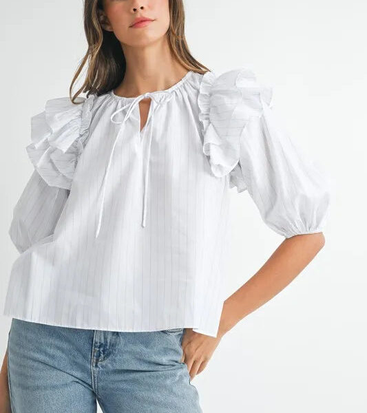 Stripe Ruffle Shoulder Puff Sleeve Blouse