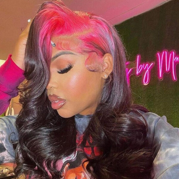 Cranberry Pink Roots Black Color Wig 13x4 Body Wave Lace Frontal Wig Human Hair For Women