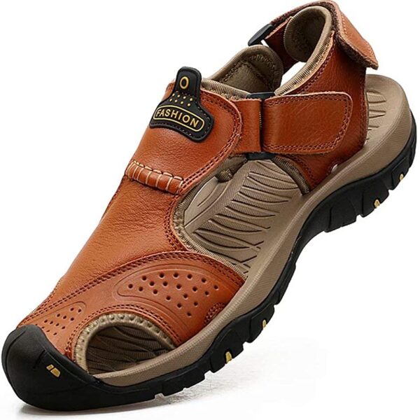 Men's Leather Sandals Outdoor Hiking Sandals Waterproof Athletic Sports Sandals Fisherman's Beach Shoes Closed Toe Water Sandals