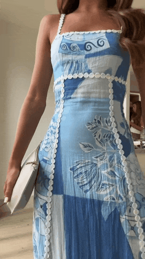 Linen Trims Unique Print Back Tie-up Slip Flared Linen Maxi Dress - onlinemegasale.com