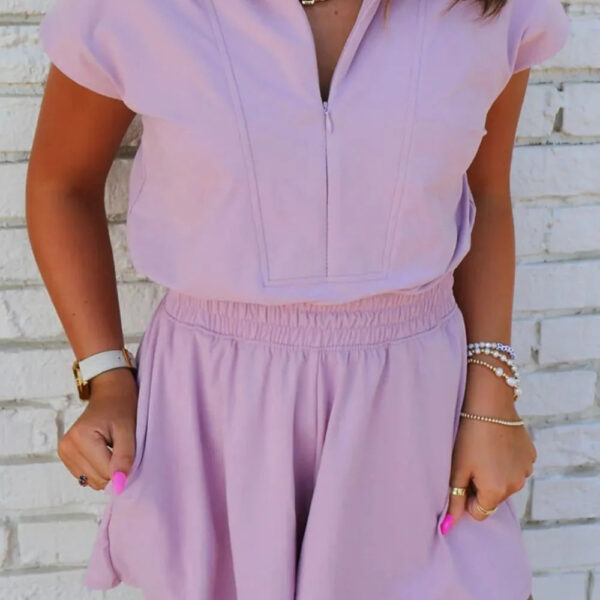 Short Sleeve Zipper Collared Elastic High Waist Romper